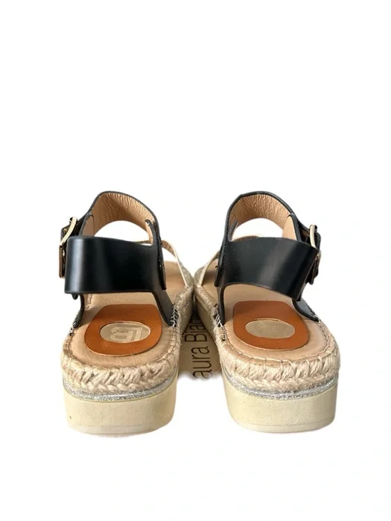 Laura Biagiotti Platform Size 37 Beige & Black Leather Straps Gold Sandals - Picture 3 of 6